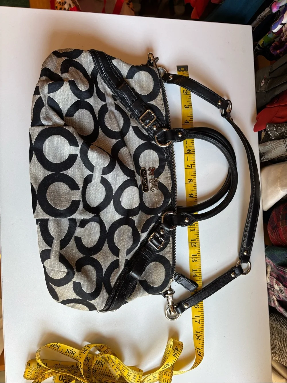 Coach Black and Cream Signature Canvas Satchel with Leather Trim